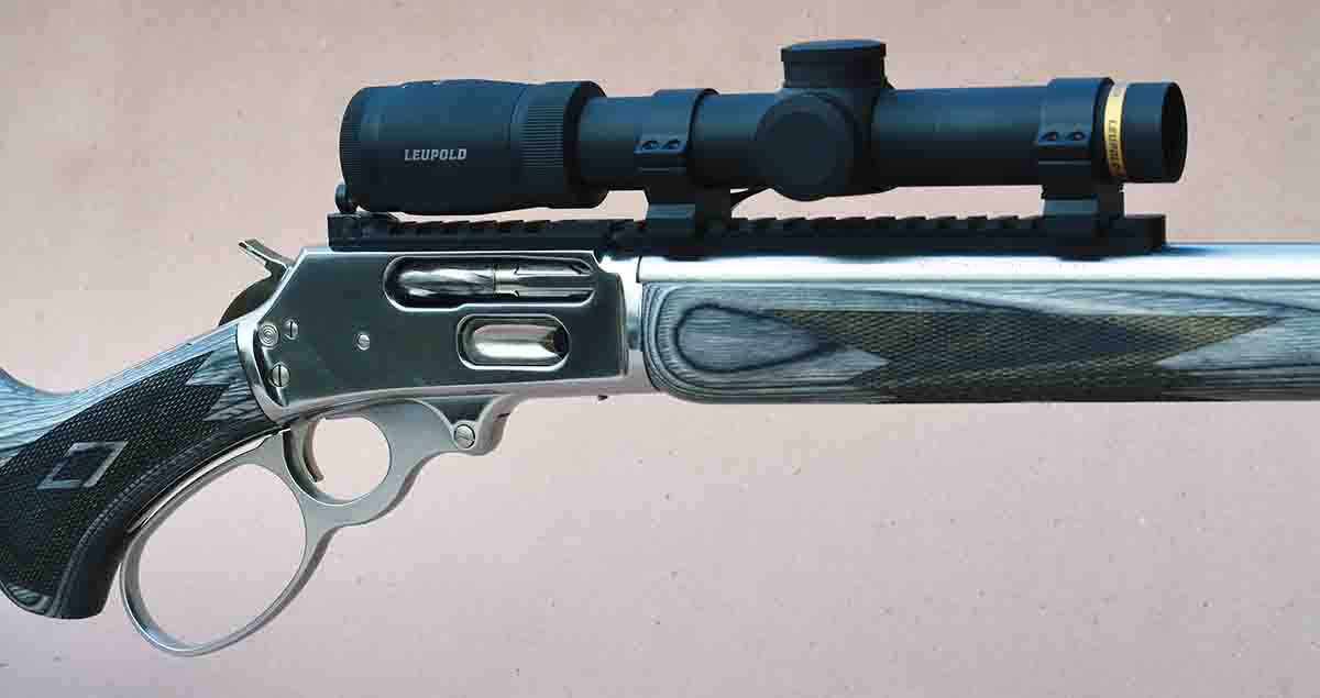 A Leupold VX-5HD 1-5x 24mm scope with a 30mm maintube was installed on the Marlin 1895 SBL, which is an excellent general-purpose scope for this rifle.